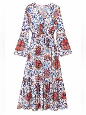 Boemo Boho Floral Paisley Maxi Dress Bell Sleeve Cottagecore Folk Romantic M